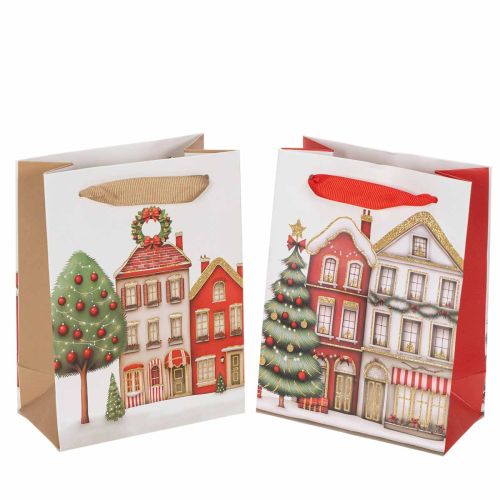 Sacola de presente de Natal com casinhas e árvore de Natal, 16 cm, 2 peças