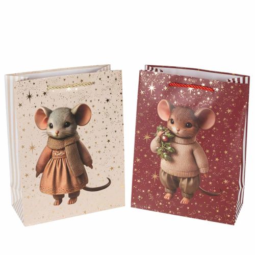 Sacola de presente com estampa de ratinho e estrelas para o Natal, 24 cm, 2 unidades