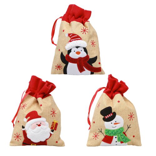 Itens Sacos de presente Natal Papai Noel juta look 20×23cm 3 unidades