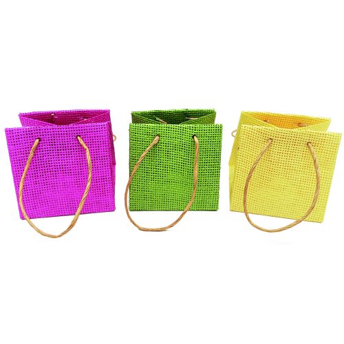 Sacos para presentes com alças de papel rosa amarelo verde têxtil aparência 10,5 cm 12 unidades