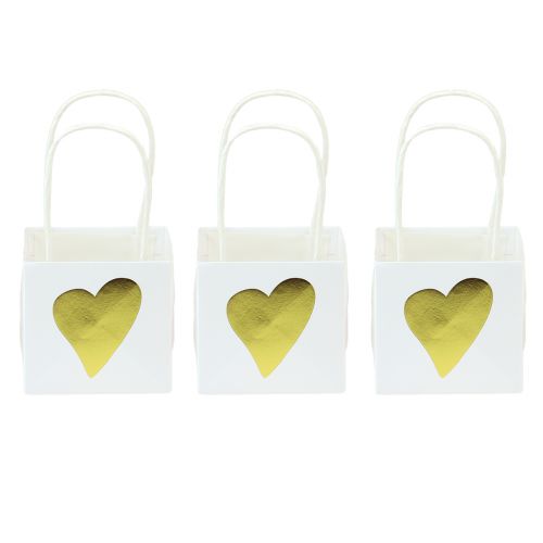 Sacos para presentes com corações e alças em ouro branco 10,5 cm 12 unidades
