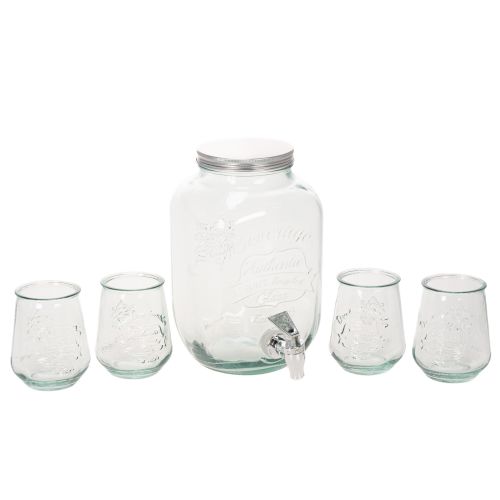 Dispensador de Bebidas em Vidro com Torneira e Conjunto de 4 Copos, 25,5 cm