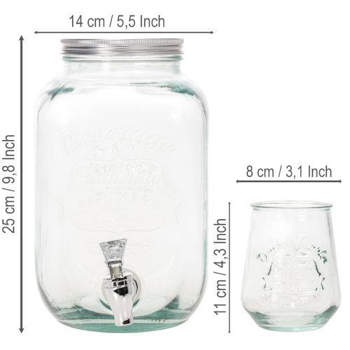 Dispensador de Bebidas em Vidro com Torneira e Conjunto de 4 Copos, 25,5 cm | Floristik24.pt