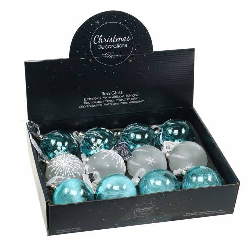 Floristik24 Bola de Natal em vidro azul, branco Ø8cm sortido 12 unidades