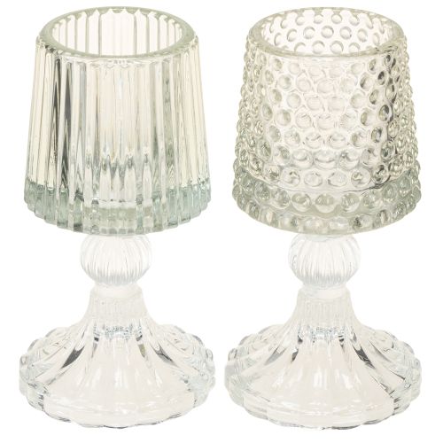 Porta-velas de vidro com base de pontos e ranhuras H15cm 2 unidades