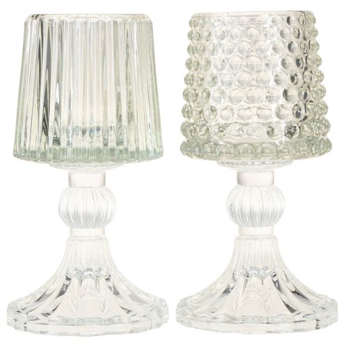 Itens Porta-velas de vidro com base de pontos e ranhuras H15cm 2 unidades
