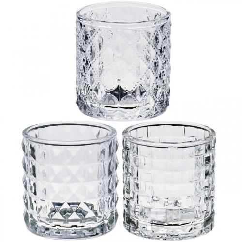 Floristik24 Mistura padrão de lanterna de vidro, decoração de velas, vaso de vidro decorativo, decoração de mesa 3 peças em um conjunto