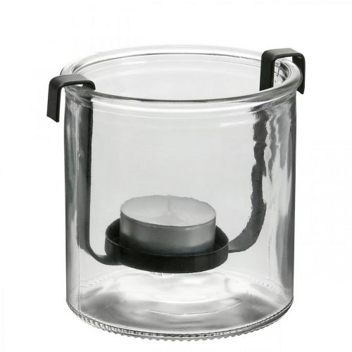 Lanterna de vidro com suporte para castiçal metal preto Ø9×10cm