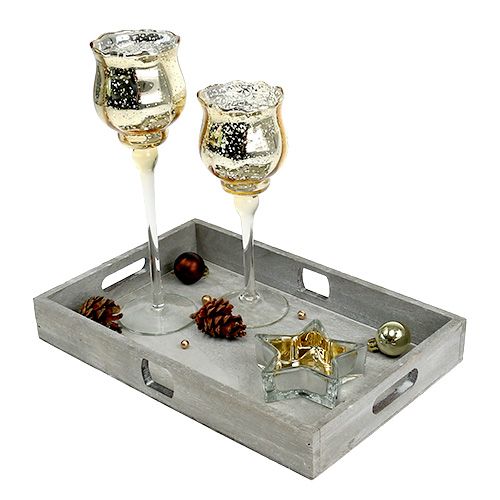 Bandeja decorativa com velas de vidro dourado
