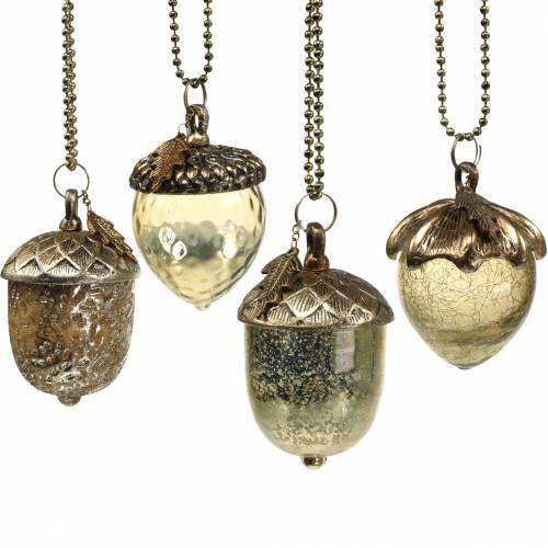 Floristik24 Decorações da árvore de Natal bolota para pendurar vidro de metal ouro 11 cm 4 unidades