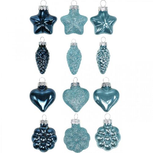 Floristik24 Mini decorações para árvores de Natal misturam vidro azul, glitter sortido 4 cm 12 unidades