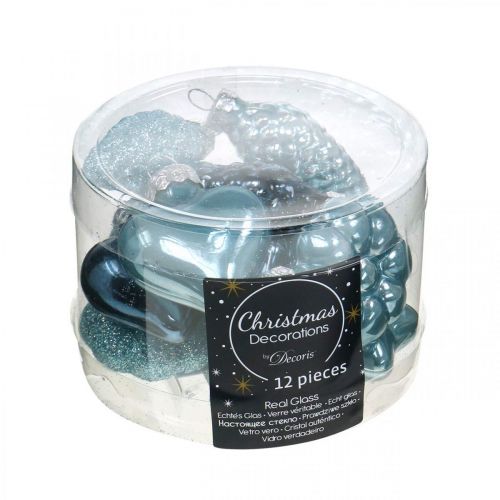 Floristik24 Mini decorações para árvores de Natal misturam vidro azul, glitter sortido 4 cm 12 unidades