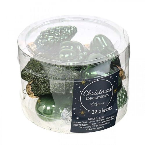 Floristik24 Mini decorações para árvores de Natal misturam decorações de Natal de vidro verde sortidas 4 cm 12 unidades