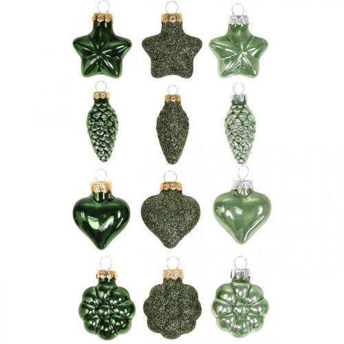 Floristik24 Mini decorações para árvores de Natal misturam decorações de Natal de vidro verde sortidas 4 cm 12 unidades