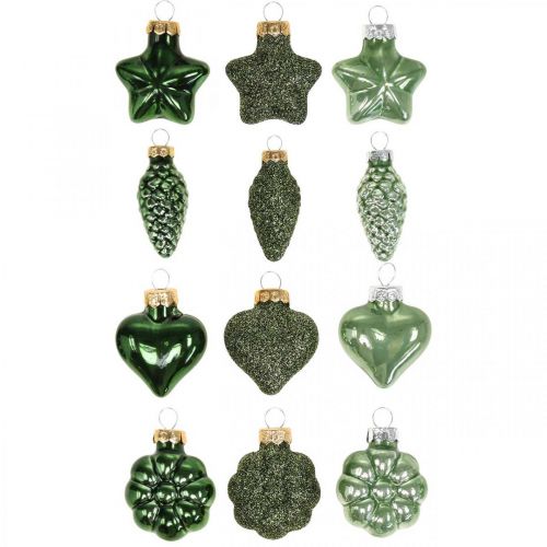 Floristik24 Mini decorações para árvores de Natal misturam decorações de Natal de vidro verde sortidas 4 cm 12 unidades