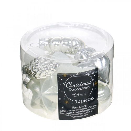 Floristik24 Mini decorações para árvores de Natal misturam vidro branco, prata sortida 4 cm 12 unidades