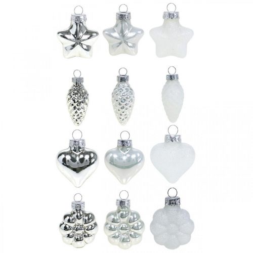 Floristik24 Mini decorações para árvores de Natal misturam vidro branco, prata sortida 4 cm 12 unidades