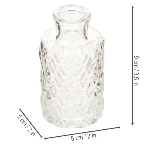 Mini vaso de vidro com padrão de diamante, pequeno vaso de mesa, garrafa, transparente, 9 cm, 6 peças | Floristik24.pt