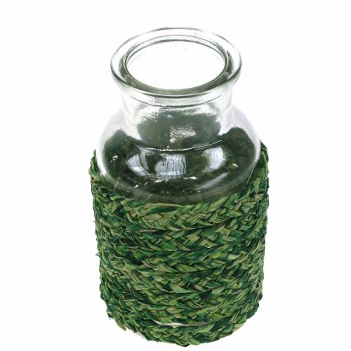 Floristik24 Garrafa de vidro com ráfia verde H12.5cm 3pcs
