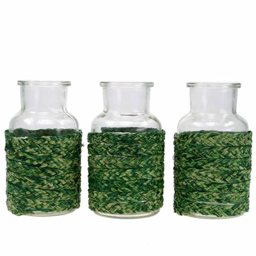 Floristik24 Garrafa de vidro com ráfia verde H12.5cm 3pcs