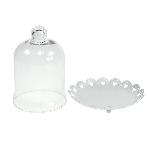 Floristik24 Capô de vidro com placa Ø15,5cm Alt.17cm branco