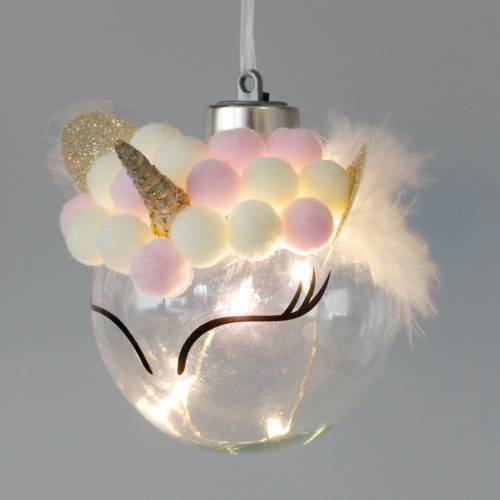 Itens Árvore de natal em forma de bola de unicórnio com corrente de luz LED cores doce, vidro transparente, pompom Ø8cm Para pilhas