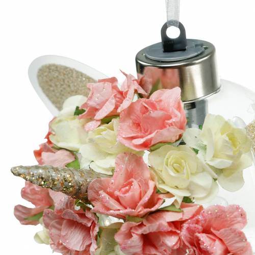Floristik24 Bugiganga de Natal Unicórnio com corrente de luz LED e flores amarelo, vermelho, vidro transparente, rosas de papel Ø8cm Para pilhas