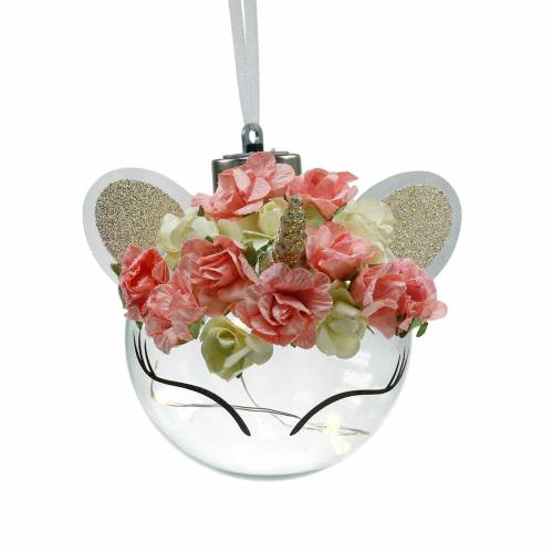 Floristik24 Bugiganga de Natal Unicórnio com corrente de luz LED e flores amarelo, vermelho, vidro transparente, rosas de papel Ø8cm Para pilhas