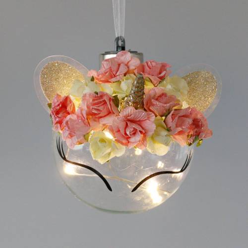 Floristik24 Bugiganga de Natal Unicórnio com corrente de luz LED e flores amarelo, vermelho, vidro transparente, rosas de papel Ø8cm Para pilhas
