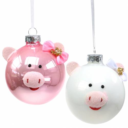 Floristik24 Bola de vidro para decoração de árvore de natal porco rosa/branco Ø8cm 2 peças