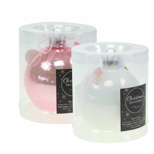 Floristik24 Bola de vidro para decoração de árvore de natal porco rosa/branco Ø8cm 2 peças