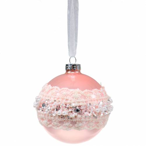 Floristik24 Bola de vidro rosa com renda e pérolas 3pcs