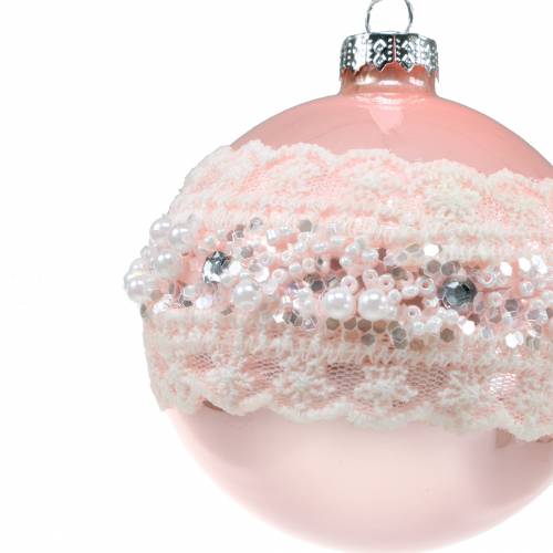 Floristik24 Bola de vidro rosa com renda e pérolas 3pcs