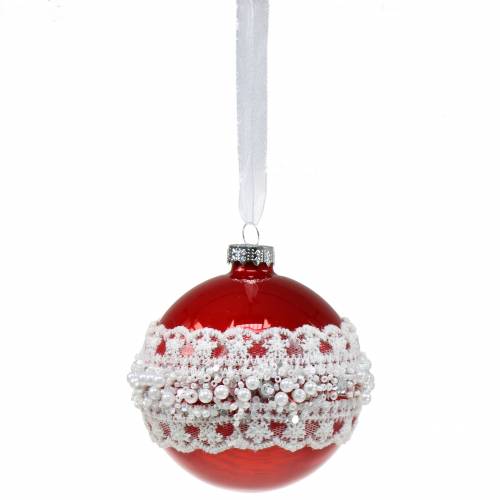 Bola de vidro vermelha com renda e pérolas 3pcs