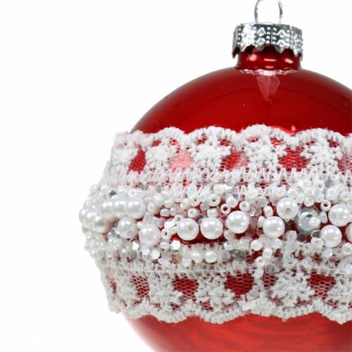 Floristik24 Bola de vidro vermelha com renda e pérolas 3pcs