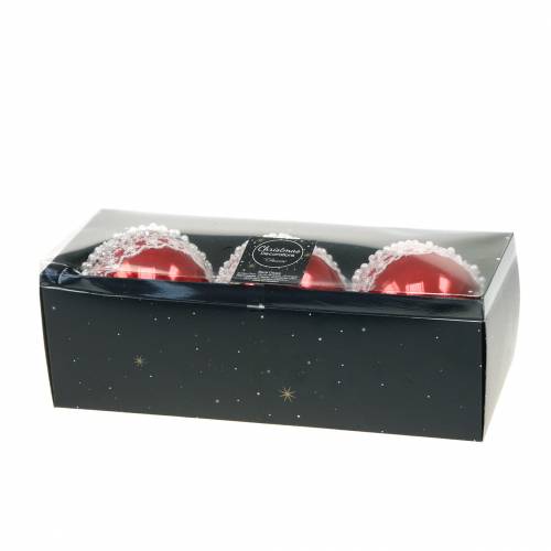 Floristik24 Bola de vidro vermelha com renda e pérolas 3pcs