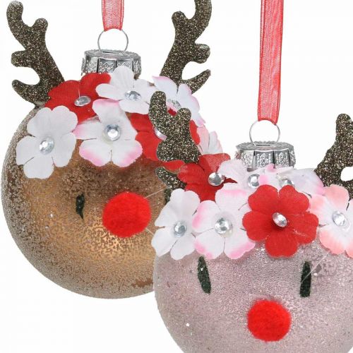 Floristik24 Bola para árvore de Natal, rena com coroa de flores, decoração do advento, decoração da árvore marrom, vidro real rosa Ø8cm 2uds
