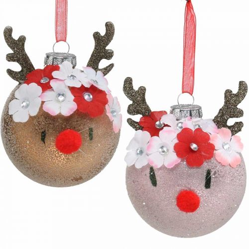 Floristik24 Bola para árvore de Natal, rena com coroa de flores, decoração do advento, decoração da árvore marrom, vidro real rosa Ø8cm 2uds