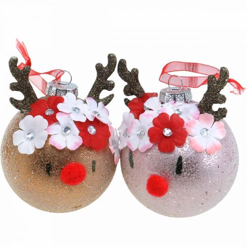 Floristik24 Bola para árvore de Natal, rena com coroa de flores, decoração do advento, decoração da árvore marrom, vidro real rosa Ø8cm 2uds