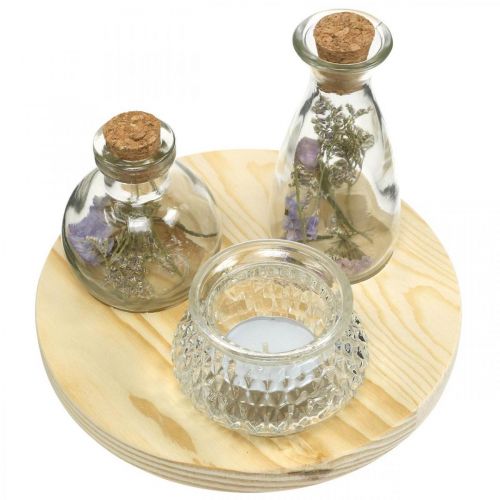 Floristik24 Conjunto de jarra em tabuleiro de madeira, decoração de mesa com flores secas, lanterna natural, transparente Ø18cm
