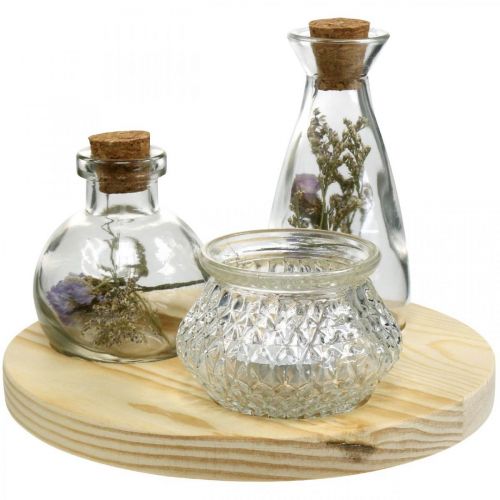 Floristik24 Conjunto de jarra em tabuleiro de madeira, decoração de mesa com flores secas, lanterna natural, transparente Ø18cm