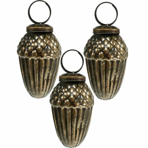 Floristik24 Decorações para árvores de Natal, bolotas de vidro para pendurar marrom, dourado 6 cm 3 unidades