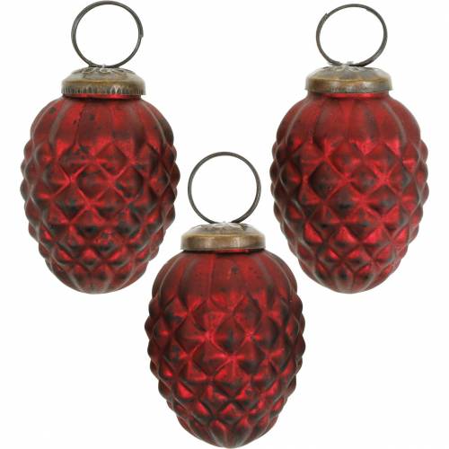 Floristik24 Cones de decoração de árvores de vidro real vermelho 6cm 3 unidades