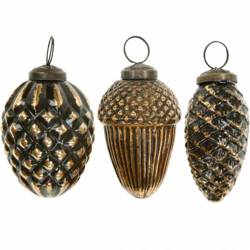 Floristik24 Bolotas e cones para pendurar vidro marrom, dourado 8,5 cm 3 unidades em um conjunto