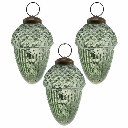 Floristik24 Decorações de árvores bolotas transparentes, vidro real verde 9 cm 3 unidades