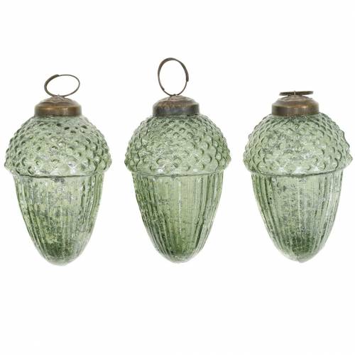 Floristik24 Decorações de árvores bolotas transparentes, vidro real verde 9 cm 3 unidades
