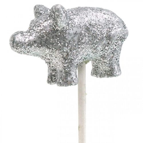 Floristik24 Amuleto da sorte de ano novo de porco da sorte em uma vara de prata 3cm 6pcs