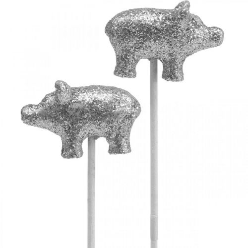 Floristik24 Amuleto da sorte de ano novo de porco da sorte em uma vara de prata 3cm 6pcs