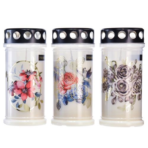 Floristik24 Velas graves velas com motivo branco flores Ø7,5cm Alt.16,5cm 3 unidades