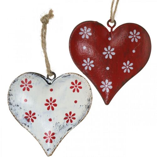 Coração de metal para pendurar, etiqueta de presente, Dia dos Namorados, look vintage vermelho, branco H6cm 6pcs